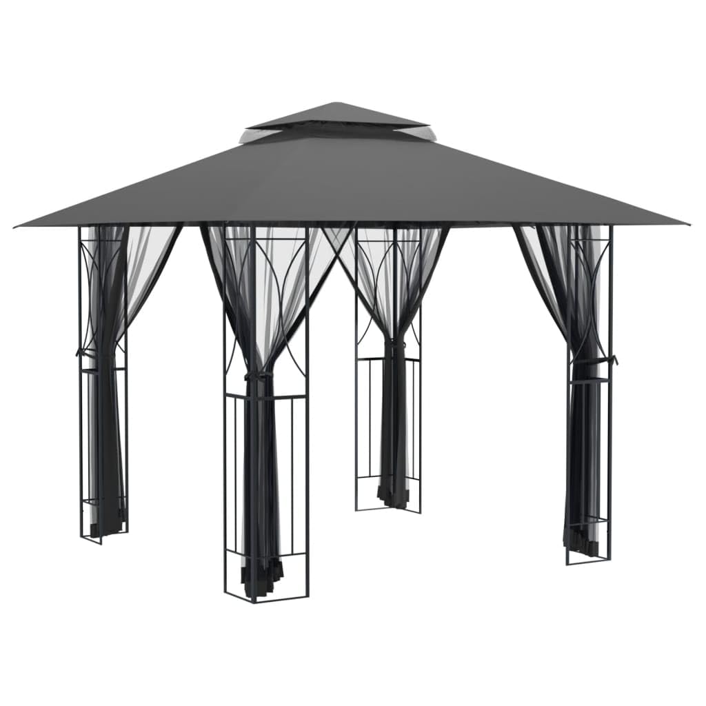 Steel Gazebo with Mesh Sidewalls Double-Tiered Roof N861355