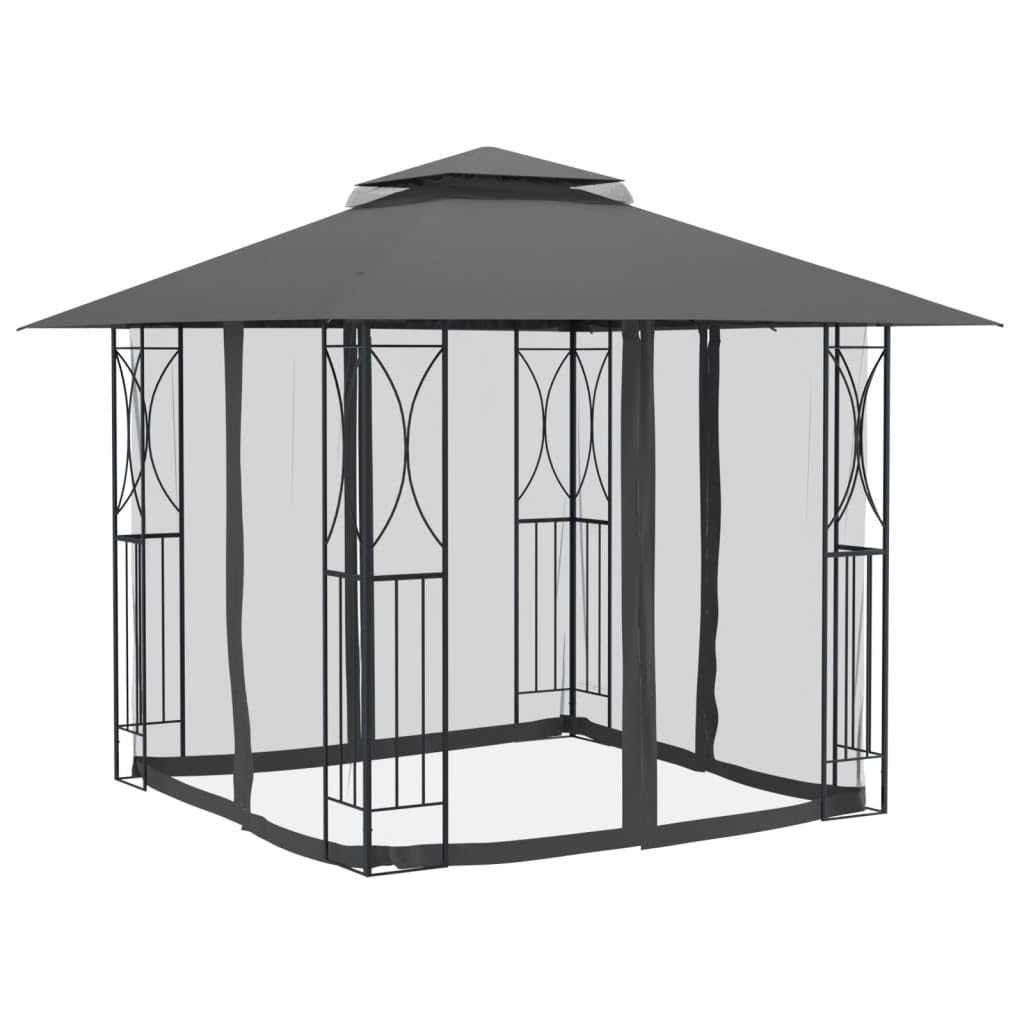 Steel Gazebo with Mesh Sidewalls Double-Tiered Roof N861355