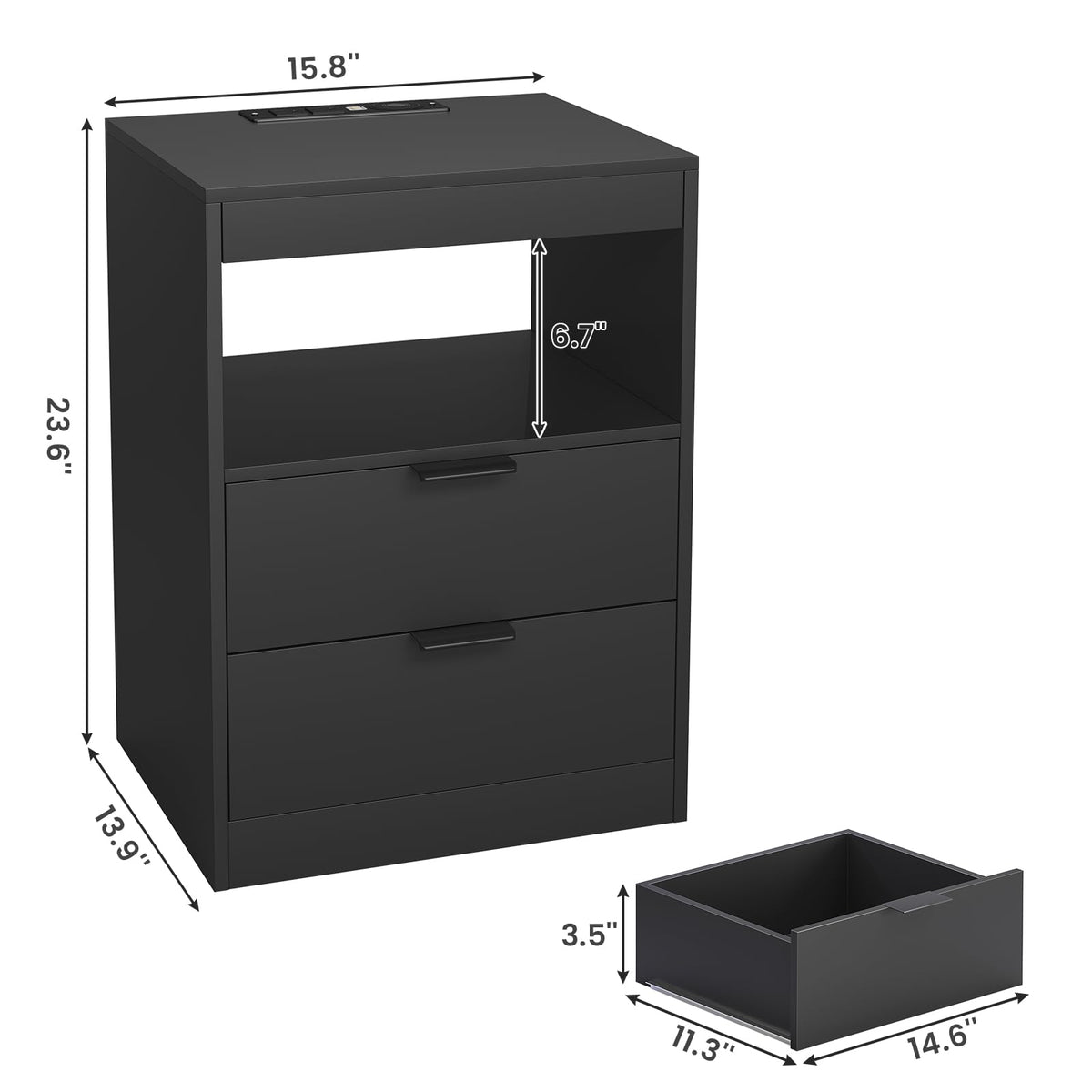 Black LED Nightstand with Wireless Charging Station and 2 Drawers J282552