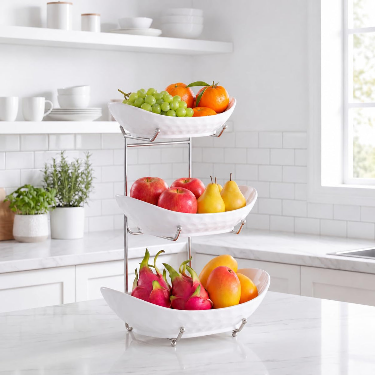 3 Tier Ceramic Fruit Bowl with Metal Rack Z552554