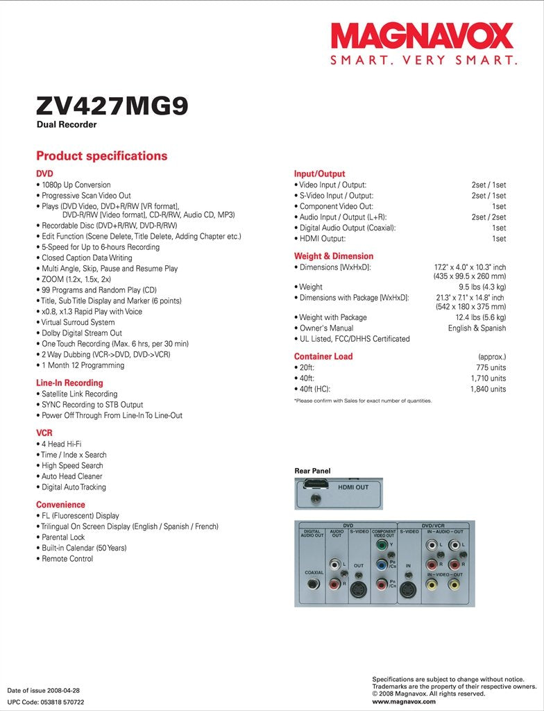 DVD Recorder/VCR Combo, HDMI 1080p Up-Conversion Y9196