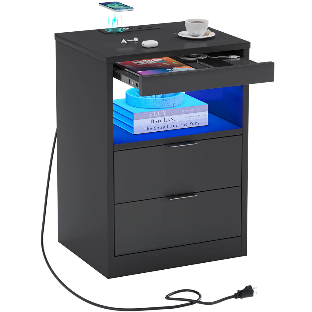 Black LED Nightstand with Wireless Charging Station and 2 Drawers J282552