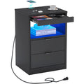 Black LED Nightstand with Wireless Charging Station and 2 Drawers J282552