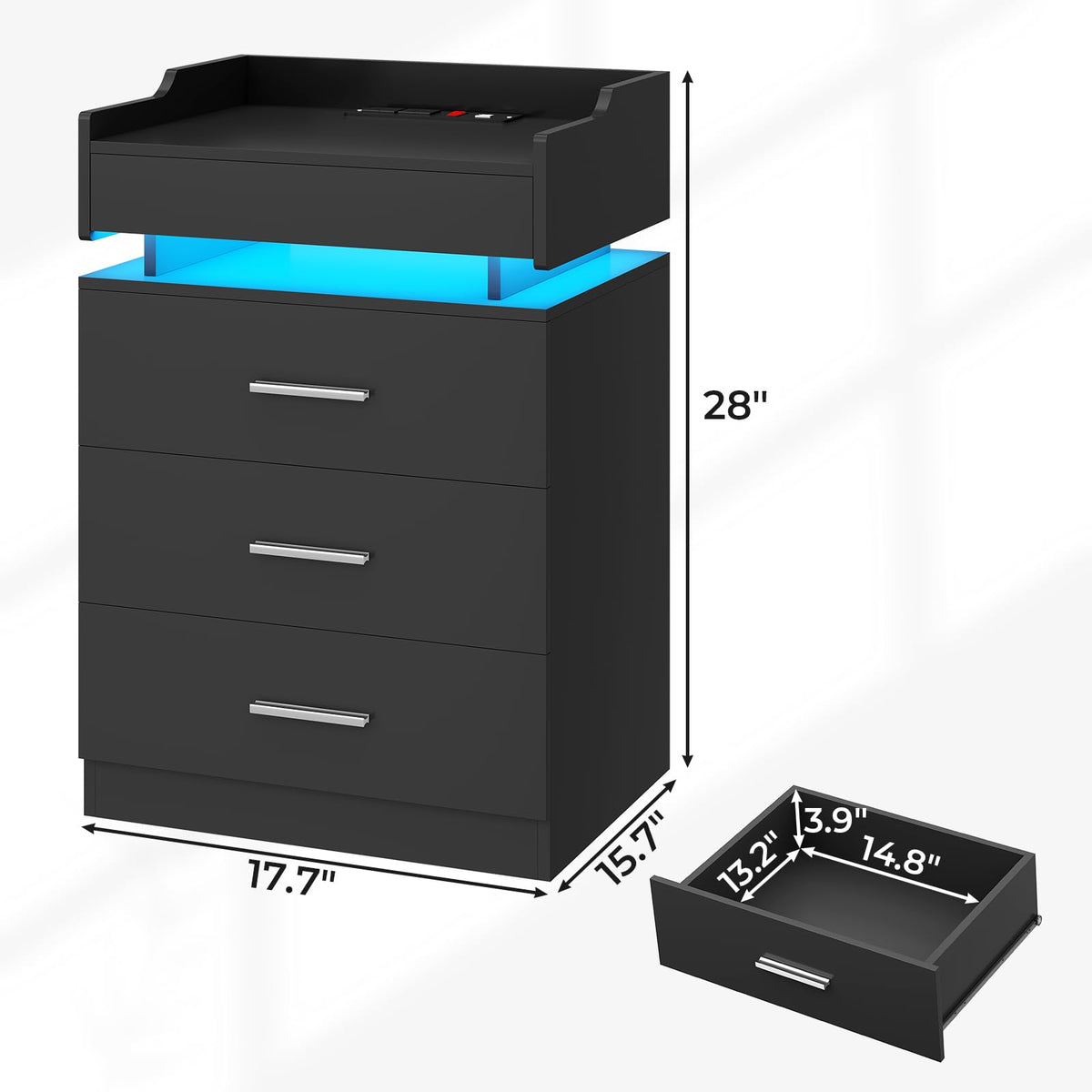 Black 3 Drawer Nightstand with Charging Station and LED Lights E6243