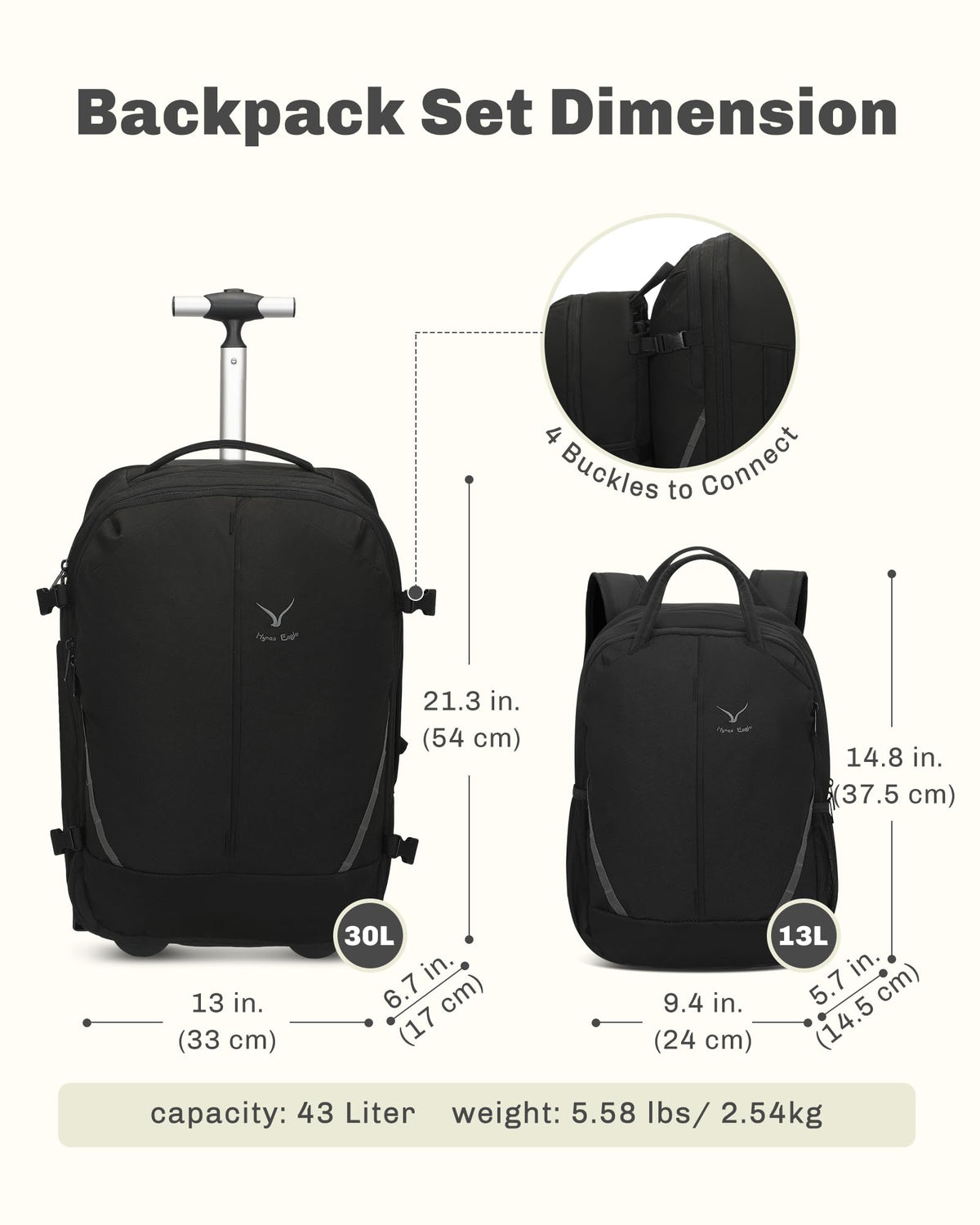Rolling Backpack with Wheels 43L with Packing Cubes Set 6PC U89714