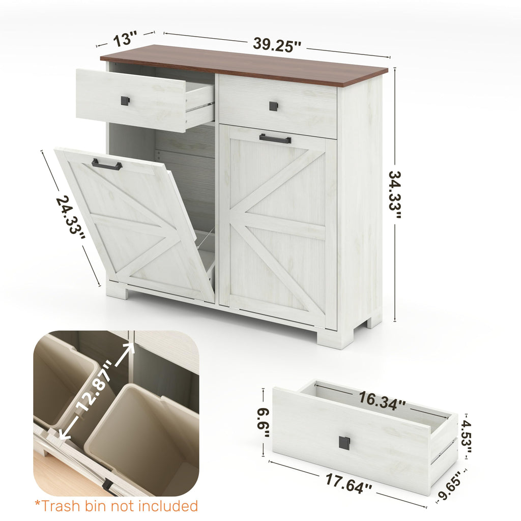 Antique White Wooden Tilt Out Trash Cabinet with 2 Storage Drawers A8124