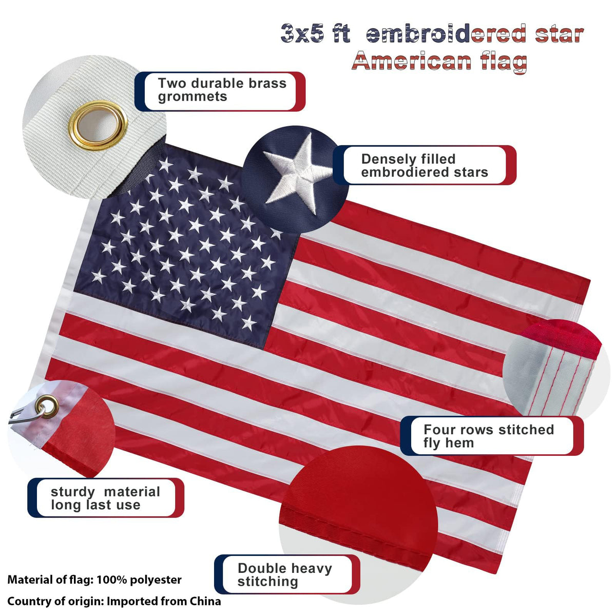 5ft Heavy Duty Tangle Free Flag Pole Kit with 3x5 Embroidered American Flag W522875