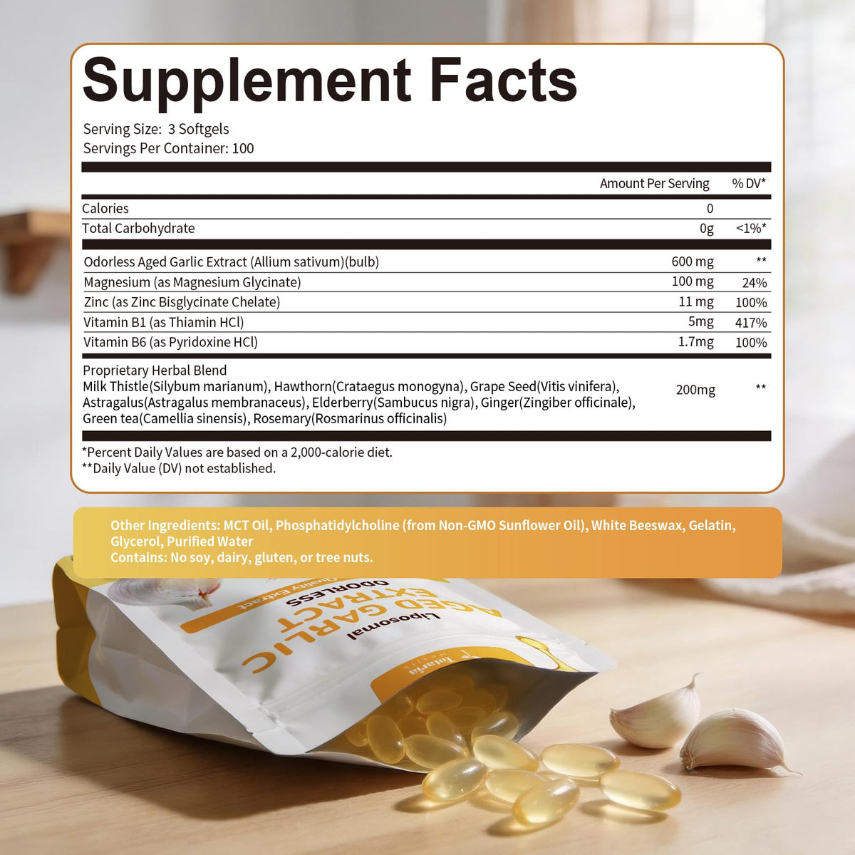 Odorless Aged Garlic Extract Capsules with Magnesium, Zinc, Vitamin B, 300 Softgels O514