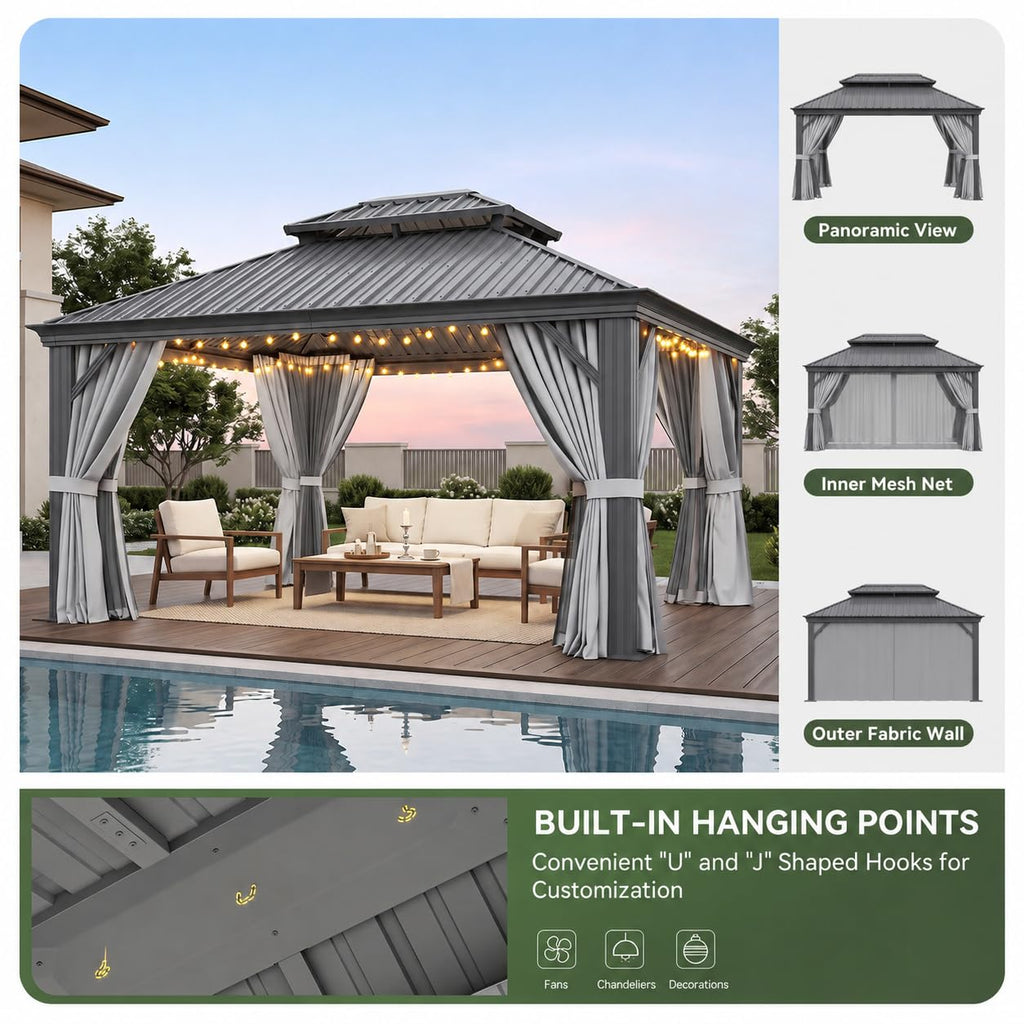 10x14 FT Hardtop Gazebo with Galvanized Steel Double Roof and Aluminum Frame Z656964