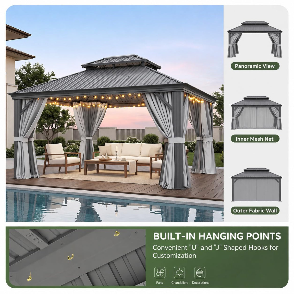 10x14 FT Hardtop Gazebo with Galvanized Steel Double Roof and Aluminum Frame Z656964