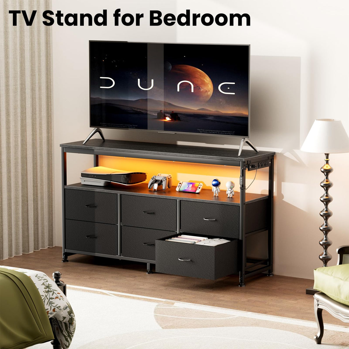 Black Dresser TV Stand with 6 Fabric Drawers K567450