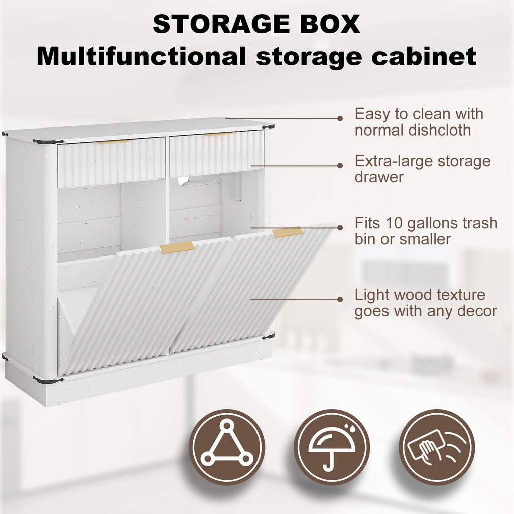 White 20 Gallon Tilt Out Trash Cabinet with Charging Station and 2 Drawers U2441