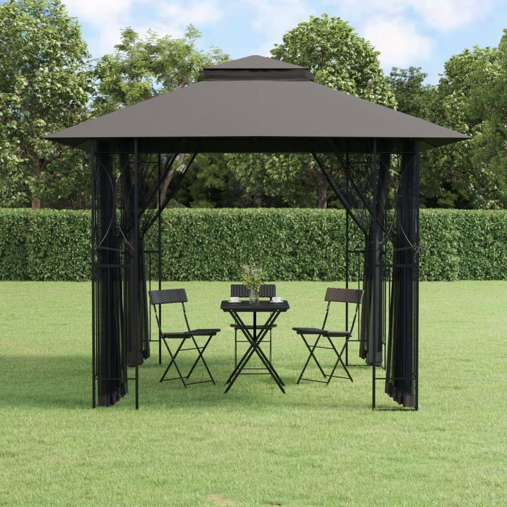 Steel Gazebo with Mesh Sidewalls Double-Tiered Roof N861355