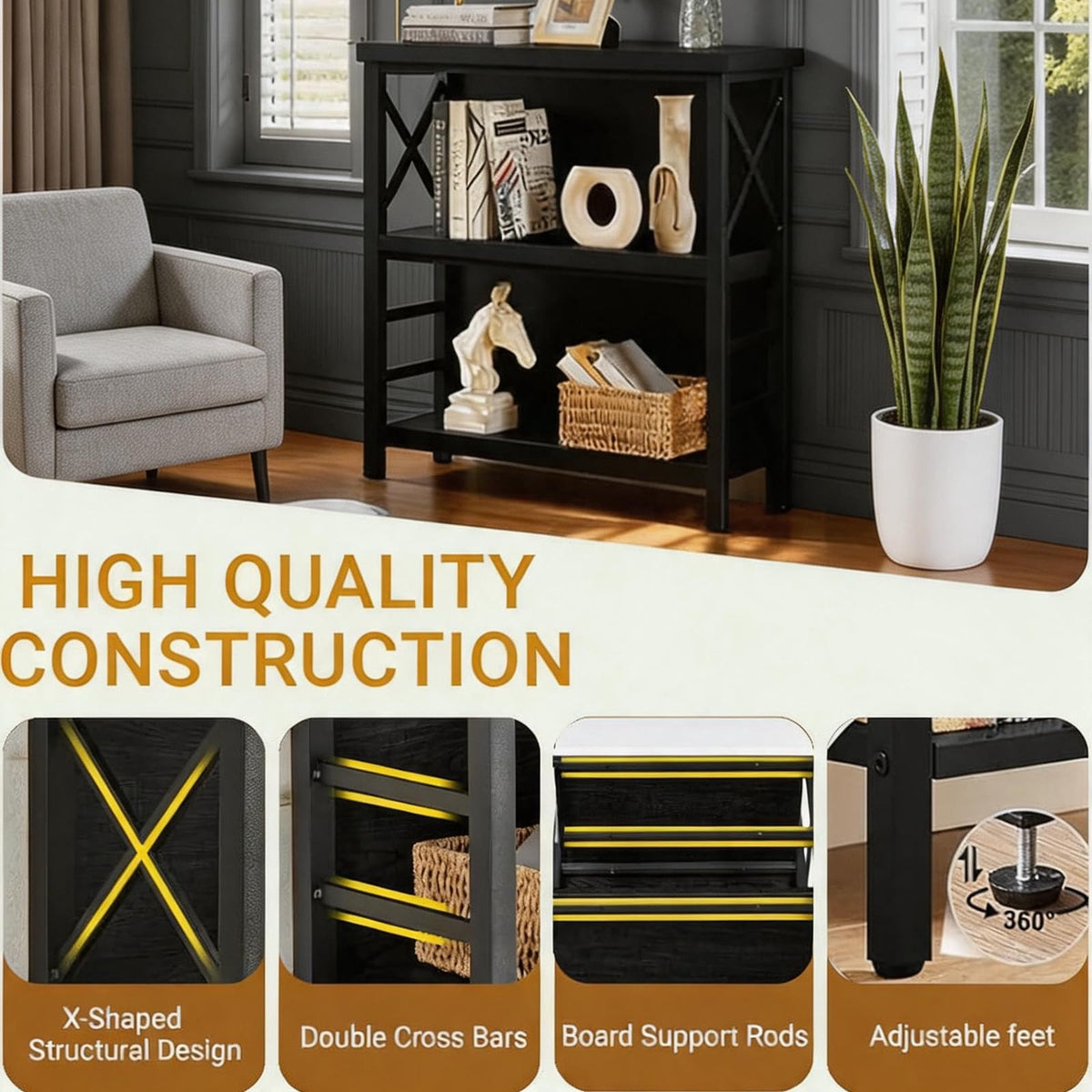 Black 3-Tier Metal Bookshelf M9070