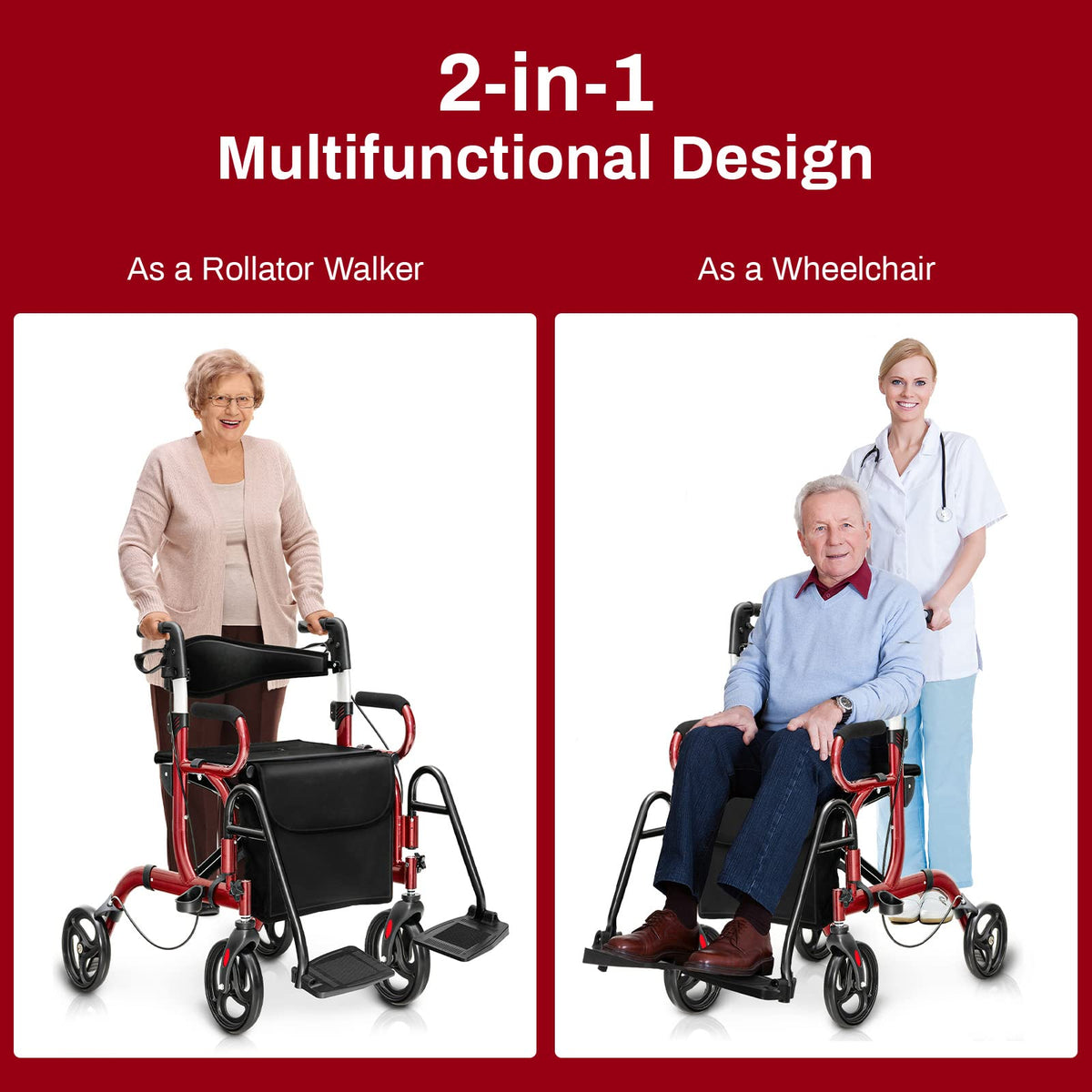 2 in 1 Folding Rollator Walker with Seat and 8" Wheels P448