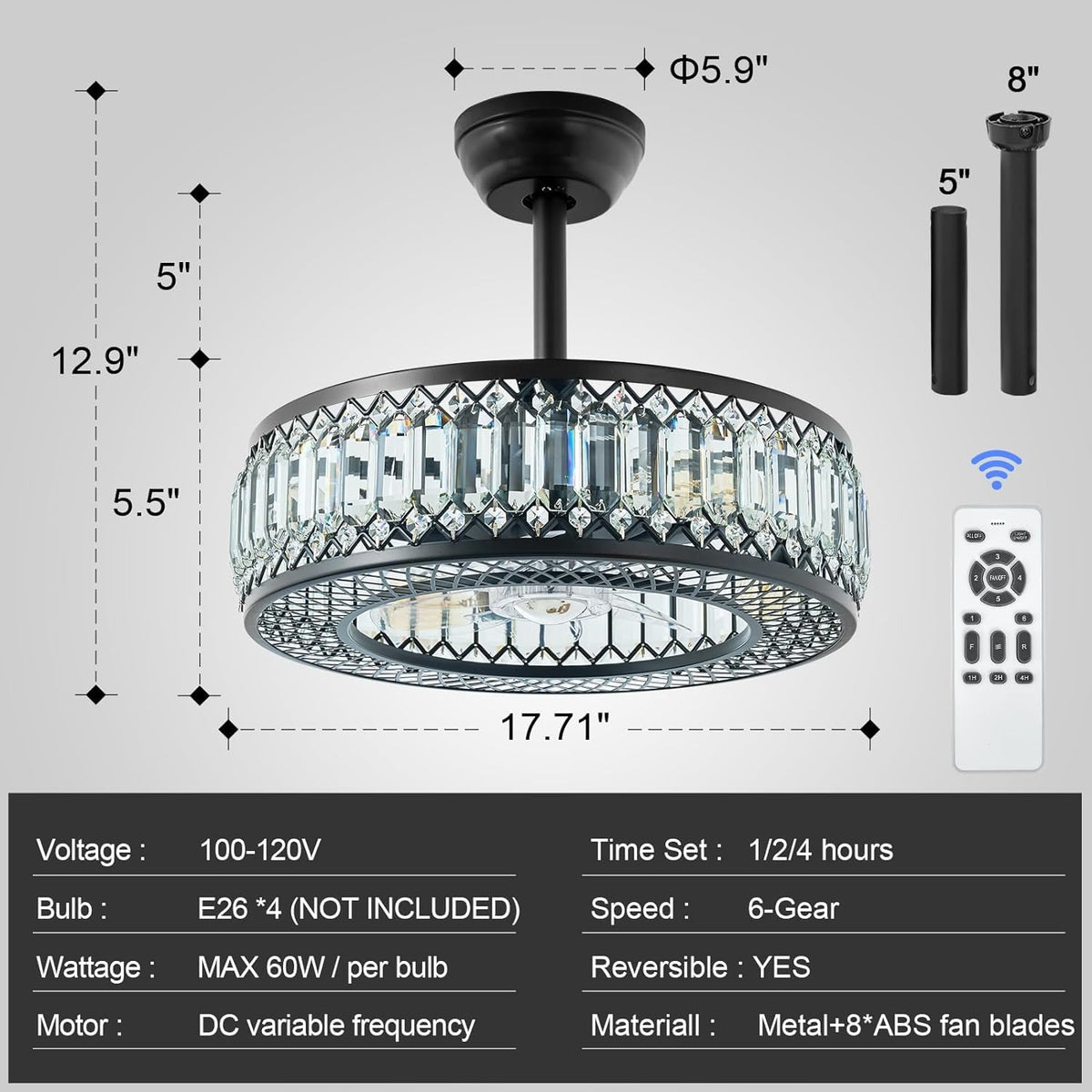 20" Black Crystal Ceiling Fan with Lights O35123