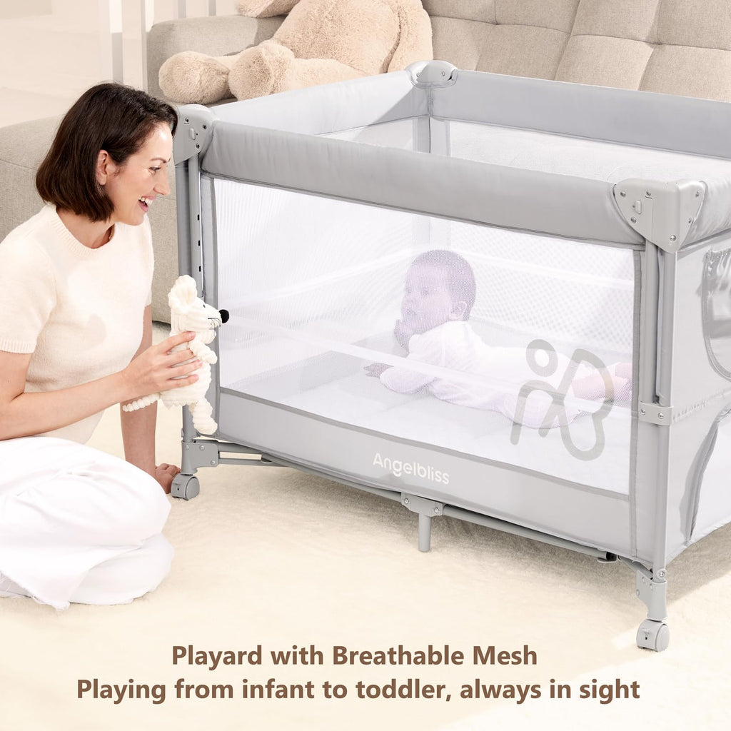Pack and Play, Baby Bassinet Bedside Crib with Changer, Grey P39333