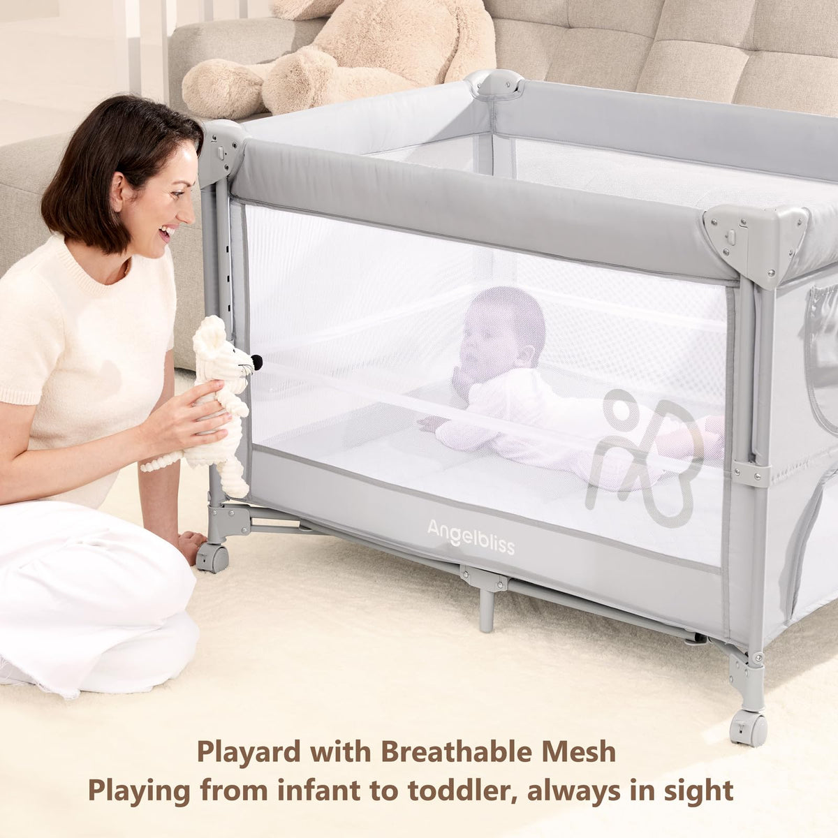 Pack and Play, Baby Bassinet Bedside Crib with Changer, Grey P39333