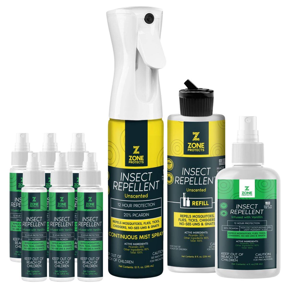 Unscented 10oz + 8oz Refill and Scented 4oz + Six 1oz Picaridin Insect Repellent Sprays Y549