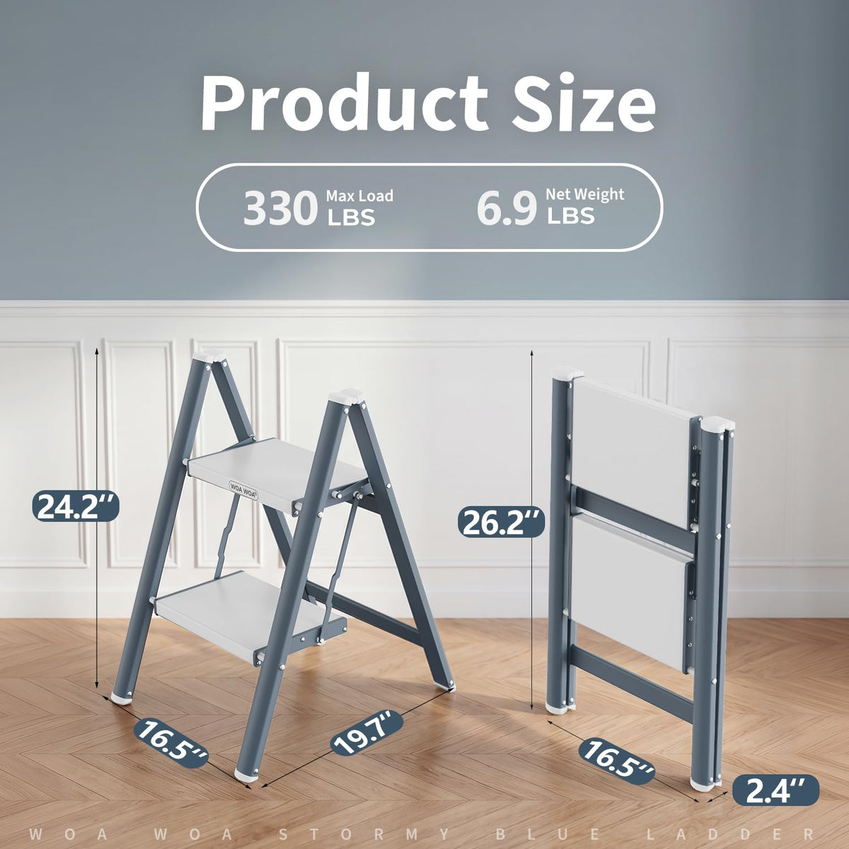 2 Step Ladder, 300lbs Load, 17'' Top Step, Stormy Blue P6728
