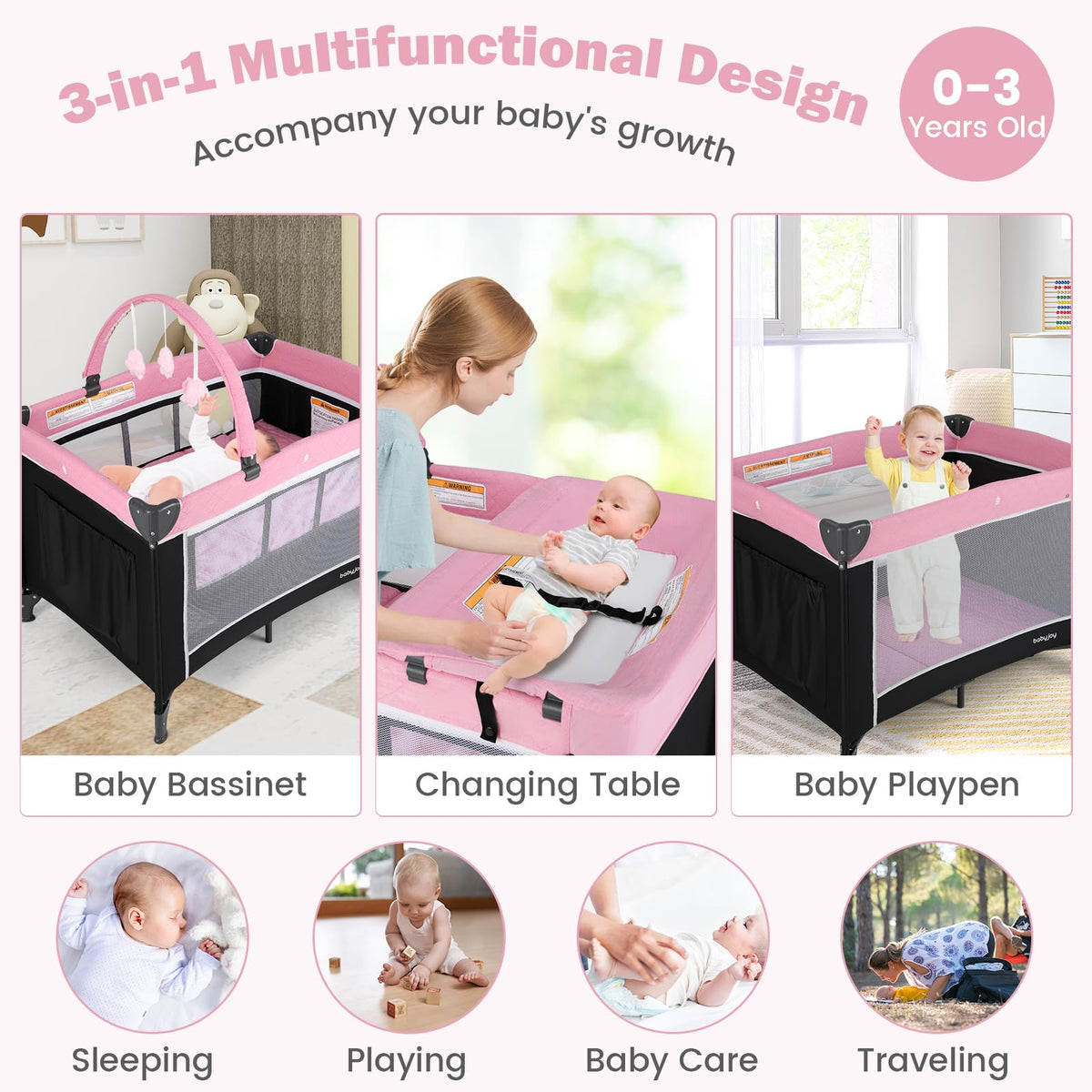 3 in 1 Pink Pack and Play Baby Crib Bassinet P99474