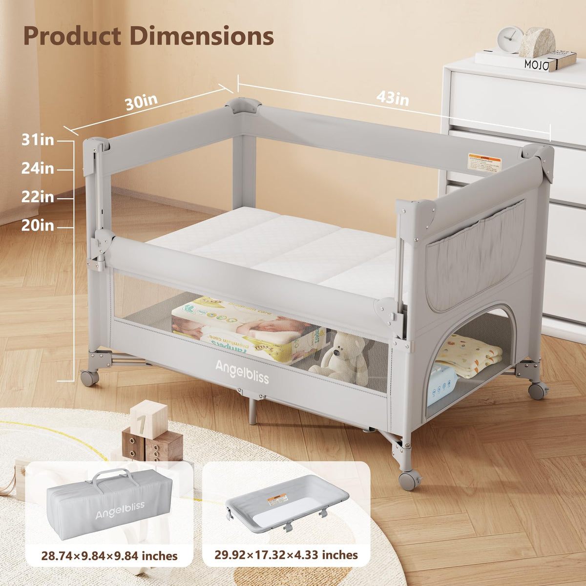 Pack and Play, Baby Bassinet Bedside Crib with Changer, Grey P39333