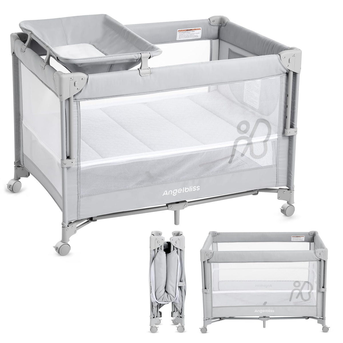 Pack and Play, Baby Bassinet Bedside Crib with Changer, Grey P39333