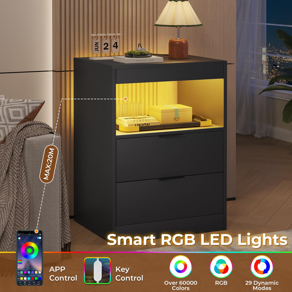 Black LED Nightstand with Wireless Charging Station and 2 Drawers J282552