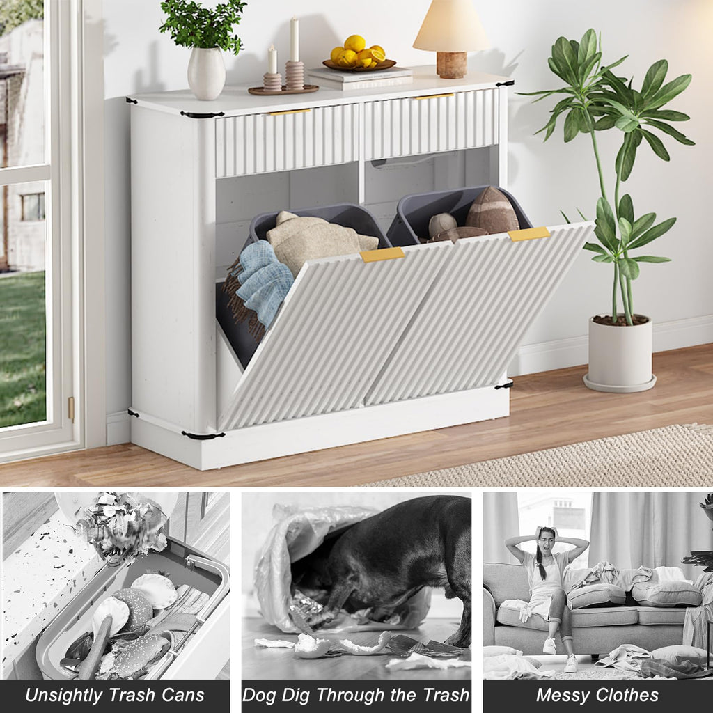White 20 Gallon Tilt Out Trash Cabinet with Charging Station and 2 Drawers U2441