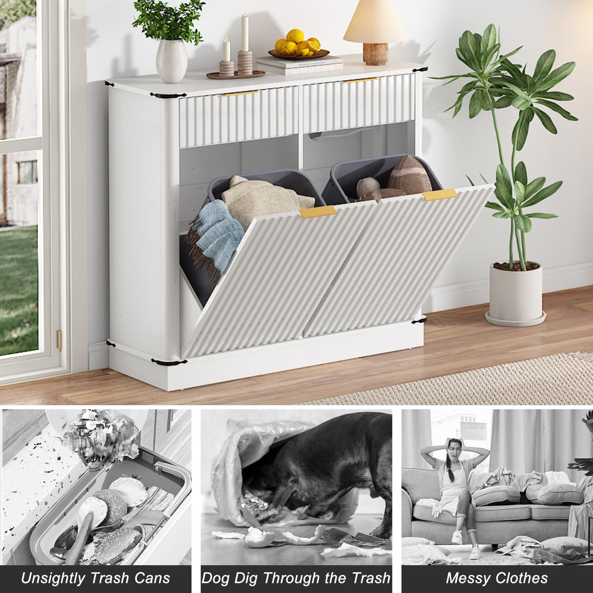 White 20 Gallon Tilt Out Trash Cabinet with Charging Station and 2 Drawers U2441
