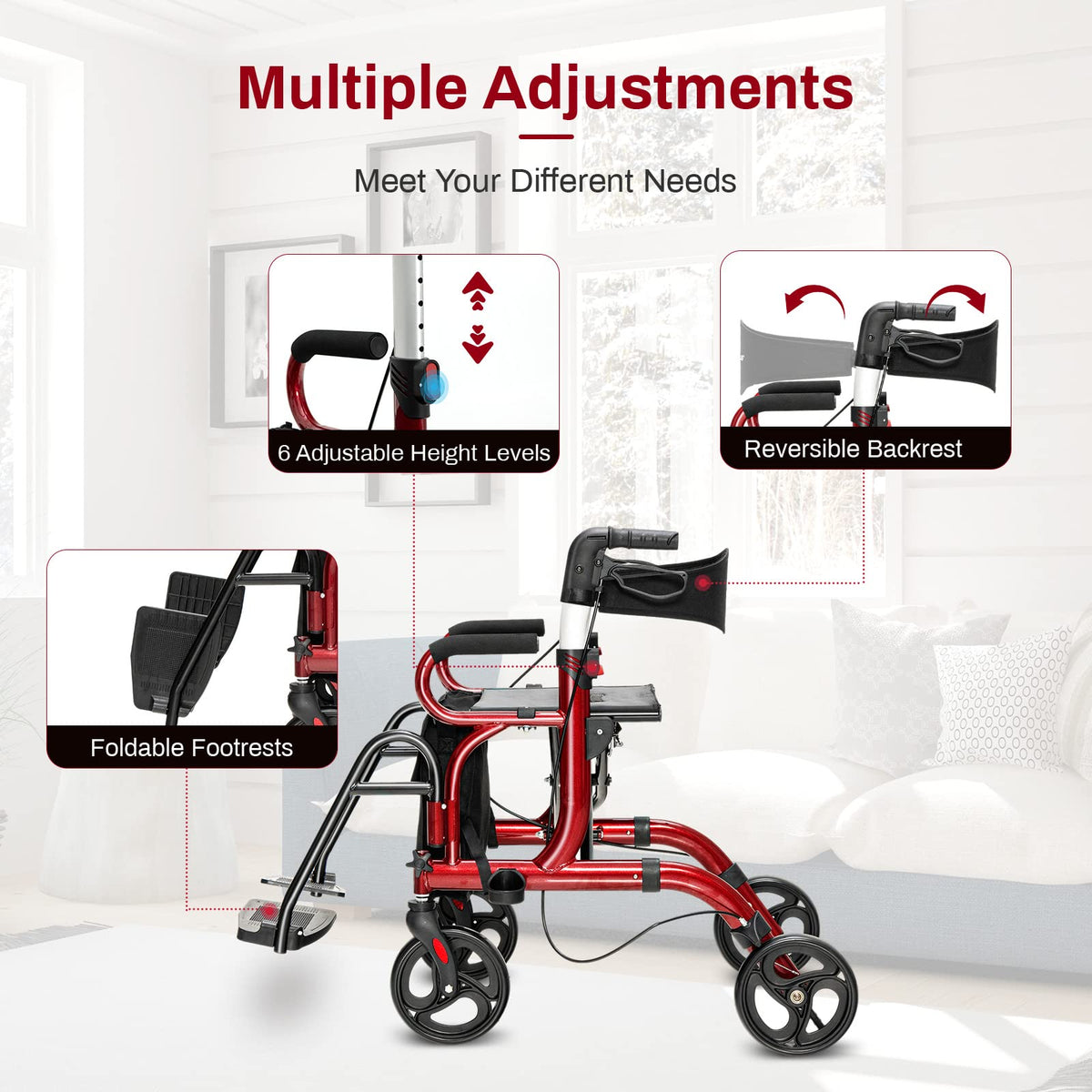 2 in 1 Folding Rollator Walker with Seat and 8" Wheels P448