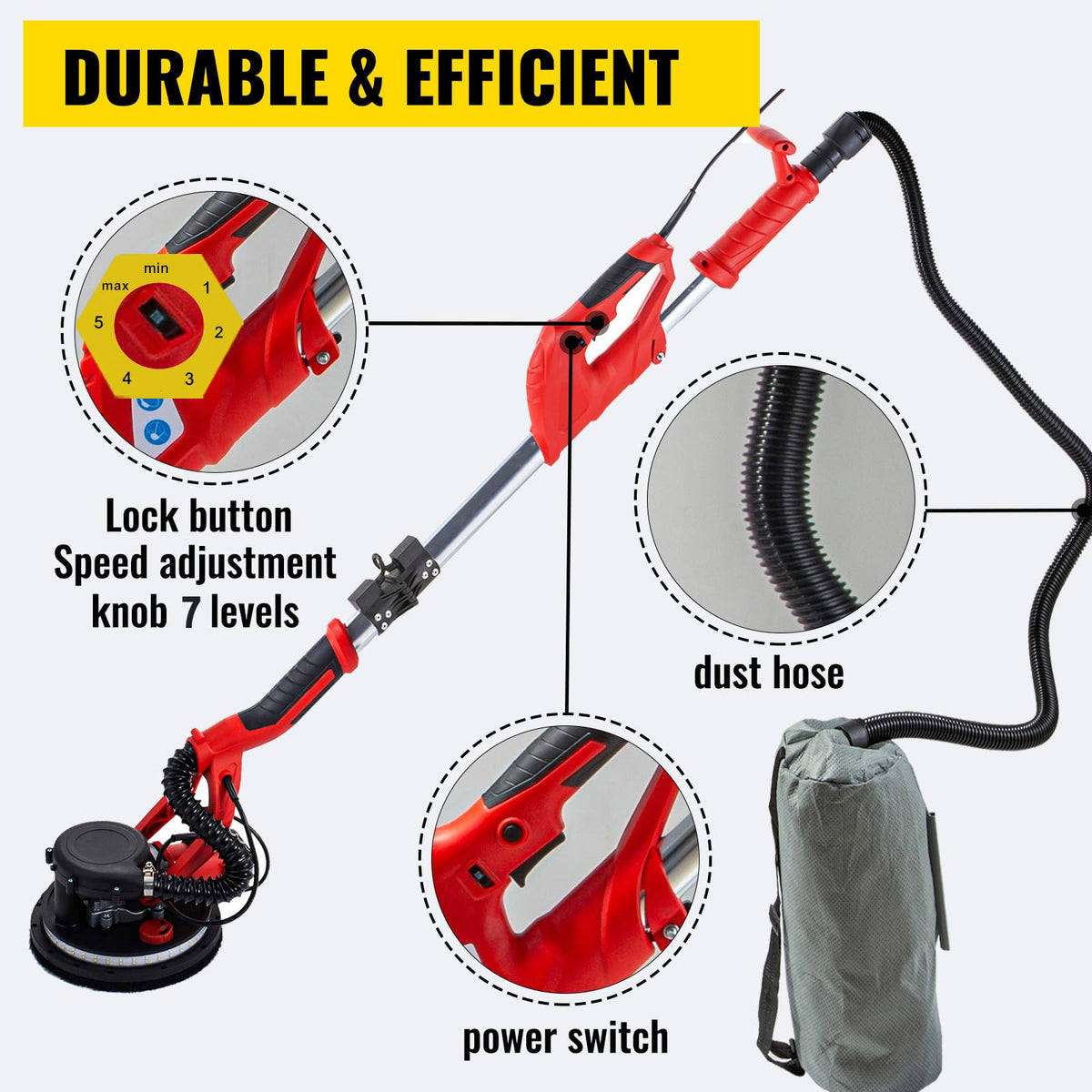 850W Variable Speed Electric Drywall Sander with Vacuum Bag H3729