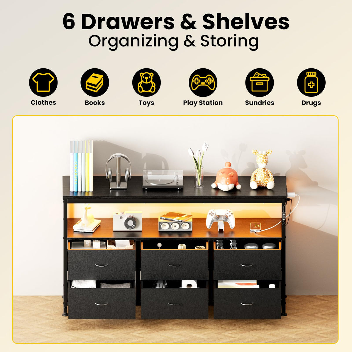 Black Dresser TV Stand with 6 Fabric Drawers K567450