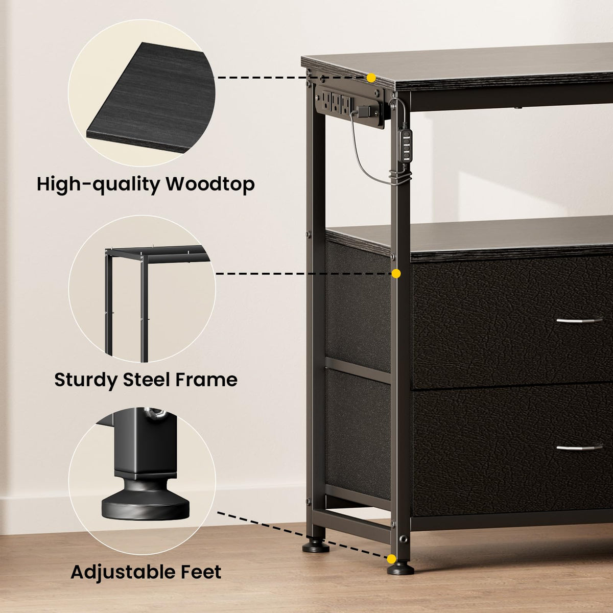 Black Dresser TV Stand with 6 Fabric Drawers K567450