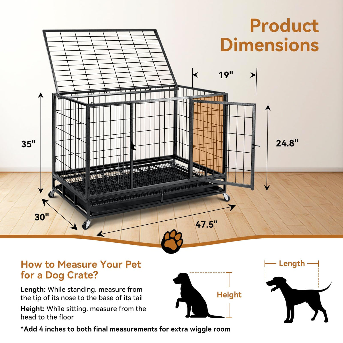 48 inch Wire Dog Crate with Lockable Wheels and Removable Tray Z153