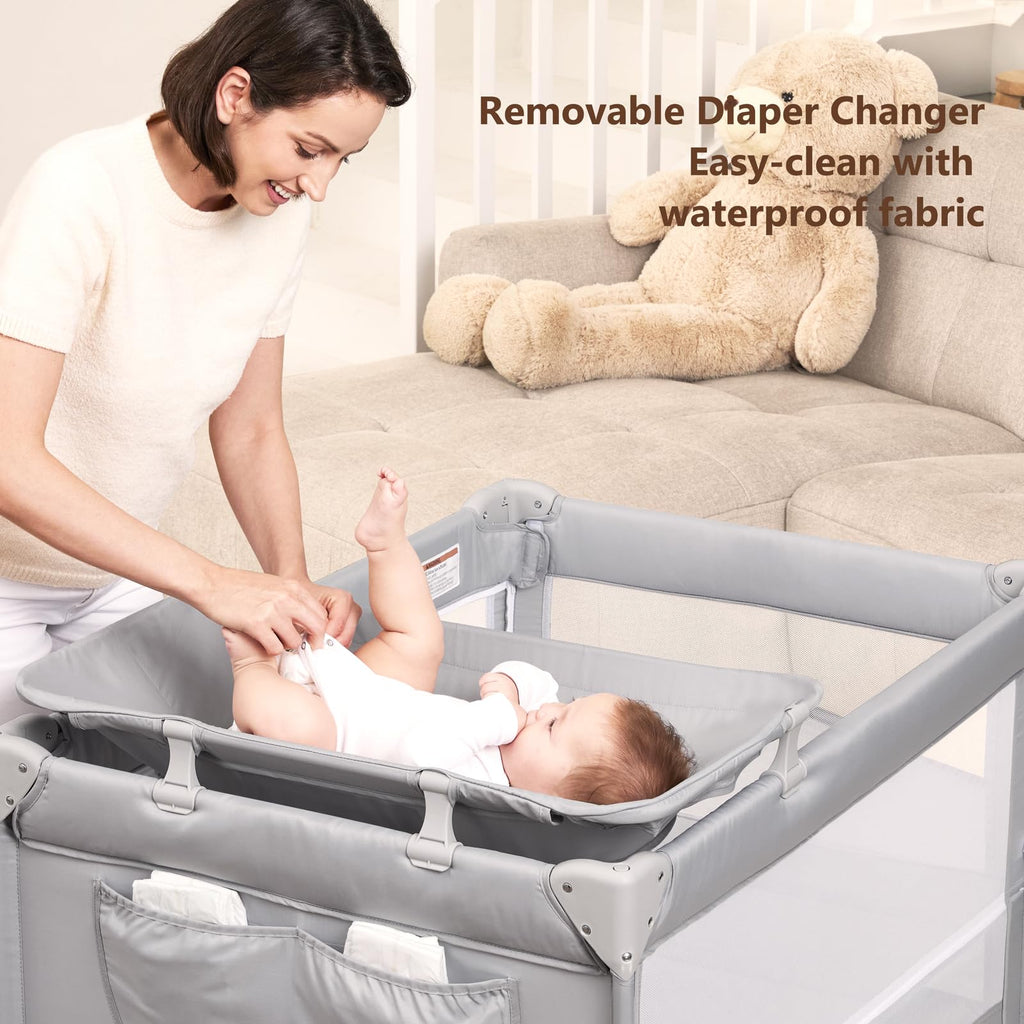 Pack and Play, Baby Bassinet Bedside Crib with Changer, Grey P39333