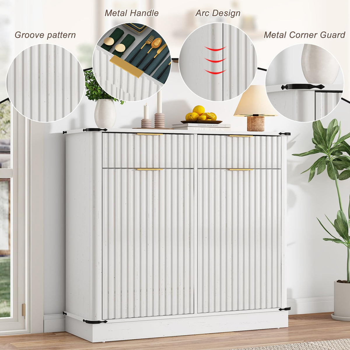 White 20 Gallon Tilt Out Trash Cabinet with Charging Station and 2 Drawers U2441
