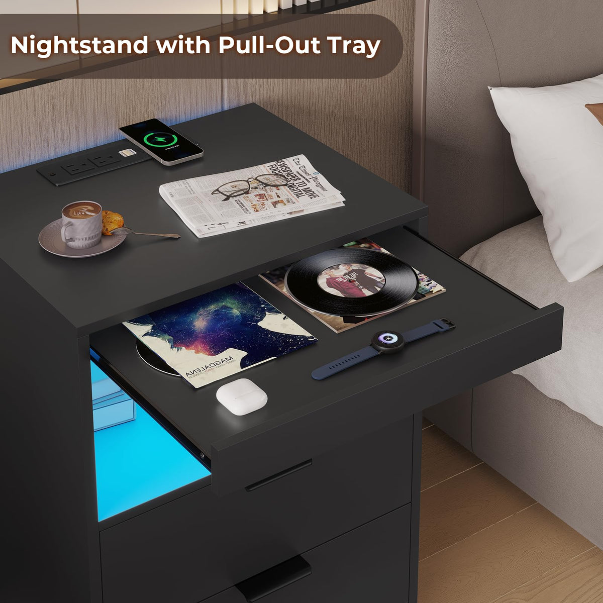 Black LED Nightstand with Wireless Charging Station and 2 Drawers J282552