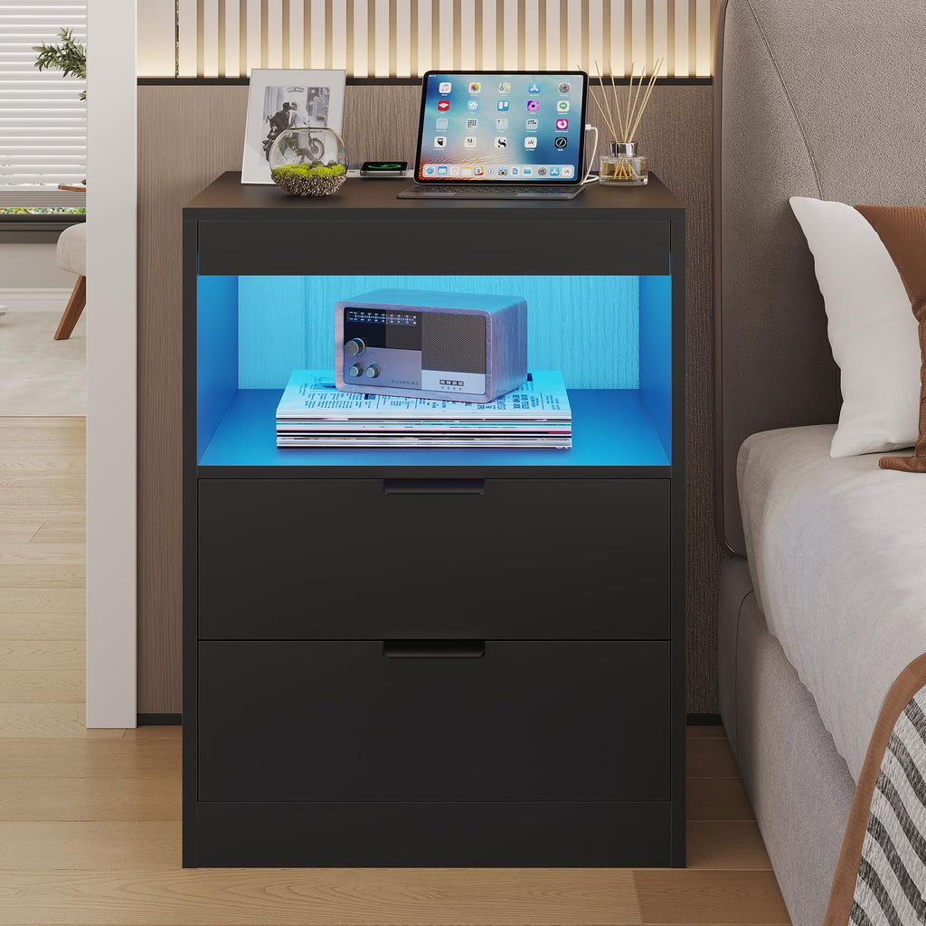 Black LED Nightstand with Wireless Charging Station and 2 Drawers J282552