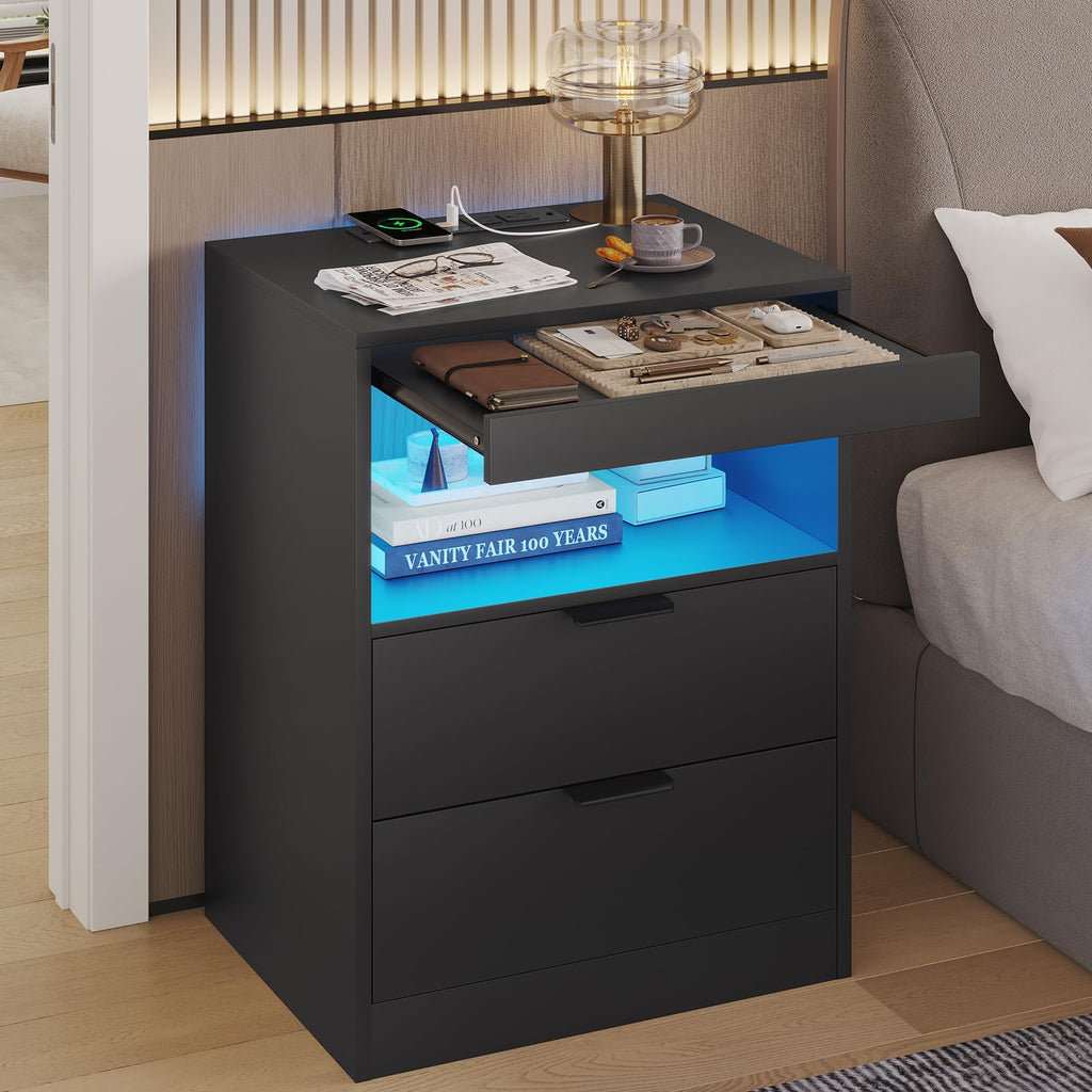 Black LED Nightstand with Wireless Charging Station and 2 Drawers J282552