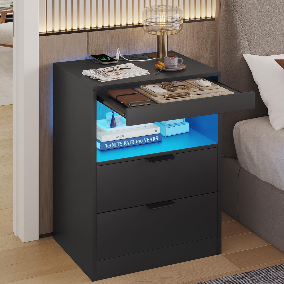 Black LED Nightstand with Wireless Charging Station and 2 Drawers J282552