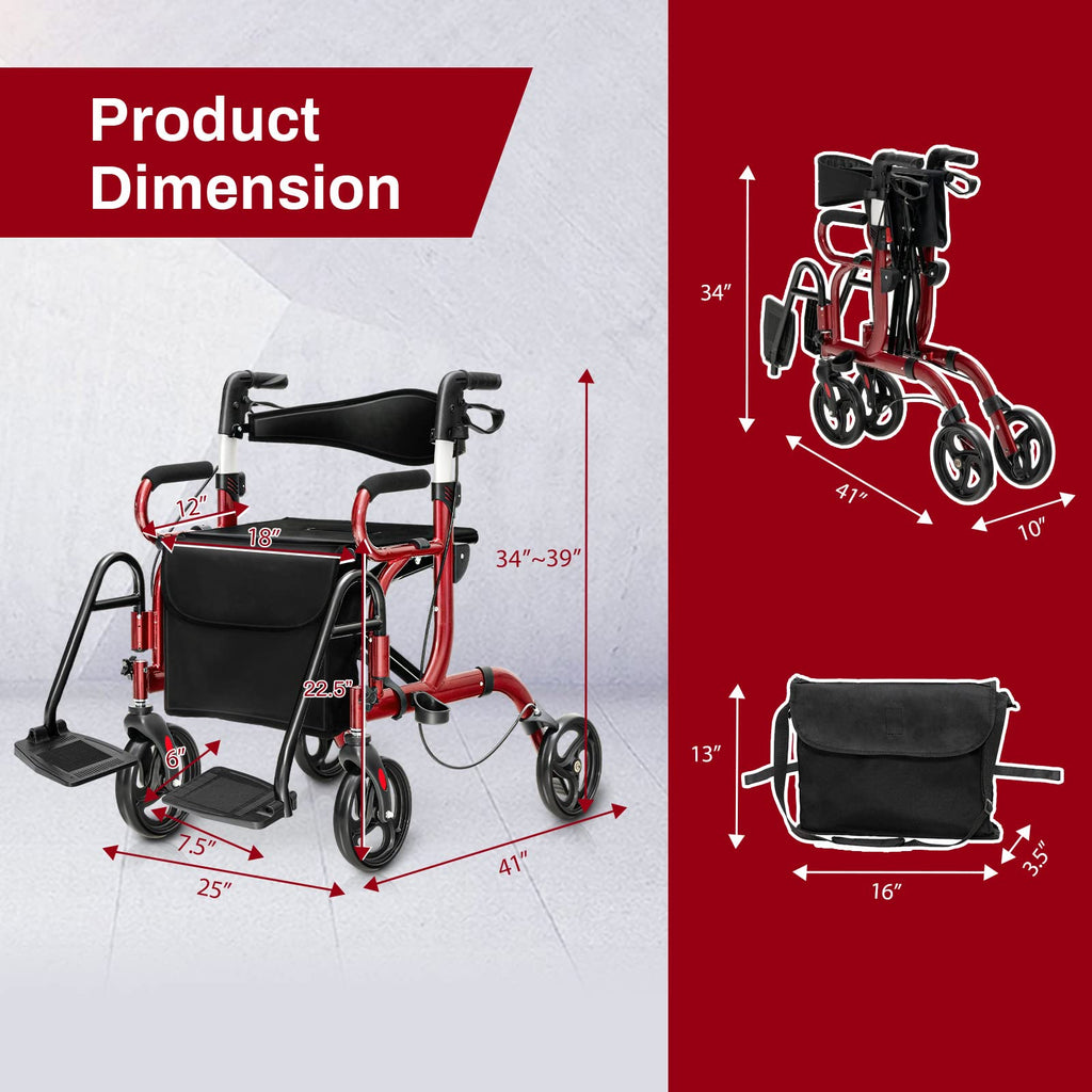 2 in 1 Folding Rollator Walker with Seat and 8" Wheels P448
