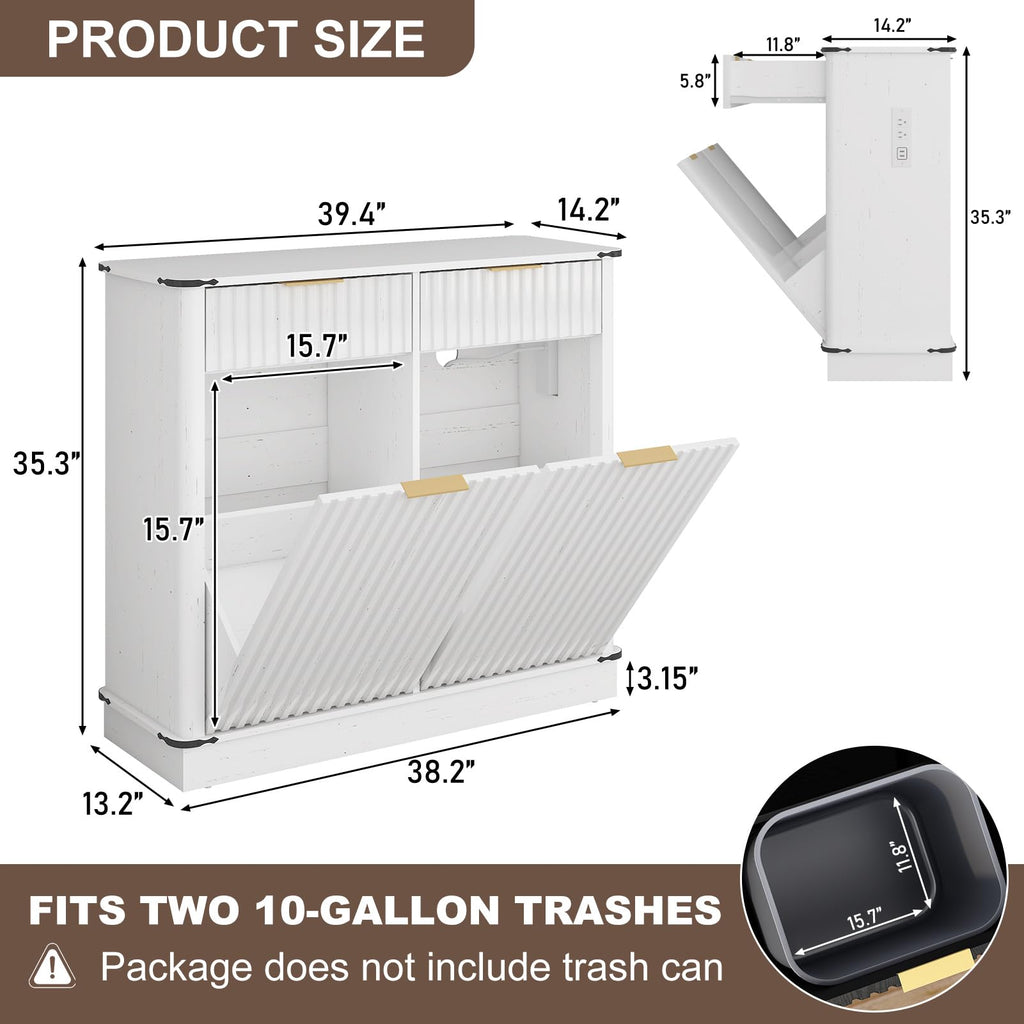 White 20 Gallon Tilt Out Trash Cabinet with Charging Station and 2 Drawers U2441