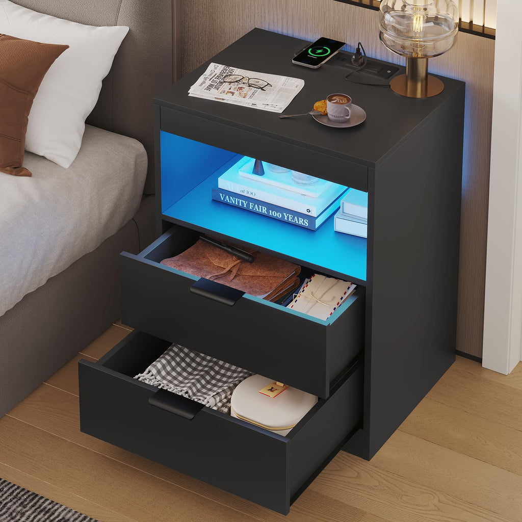 Black LED Nightstand with Wireless Charging Station and 2 Drawers J282552