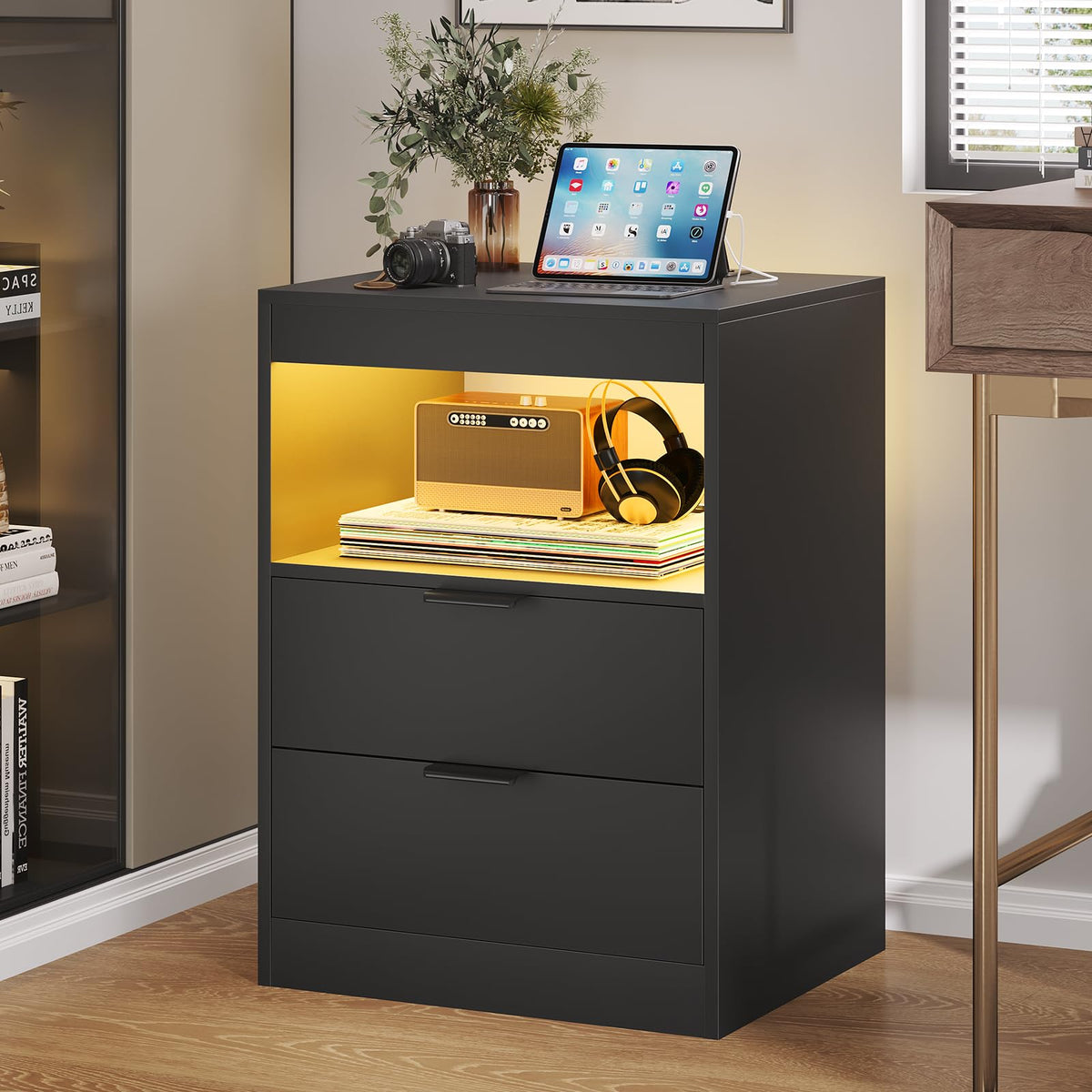 Black LED Nightstand with Wireless Charging Station and 2 Drawers J282552