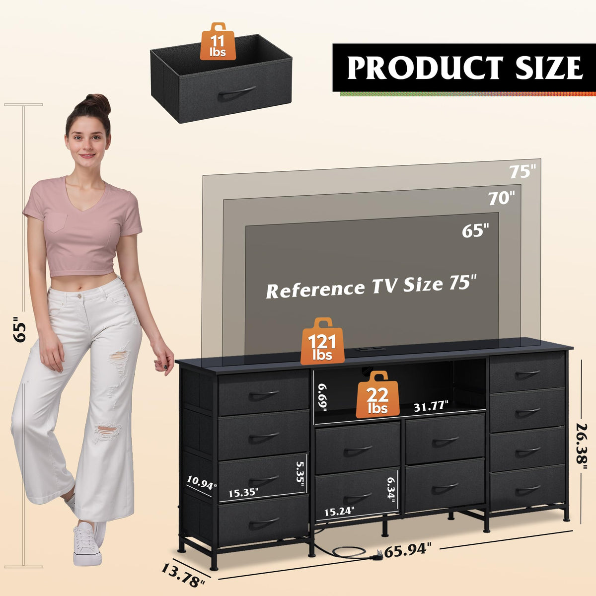 Black 12 Drawer LED Dresser TV Stand F654