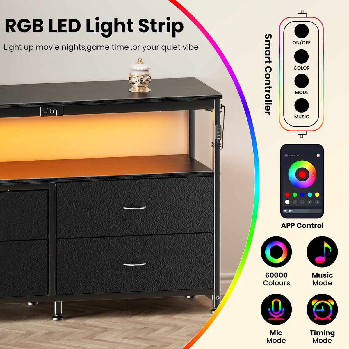 Black Dresser TV Stand with 6 Fabric Drawers K567450