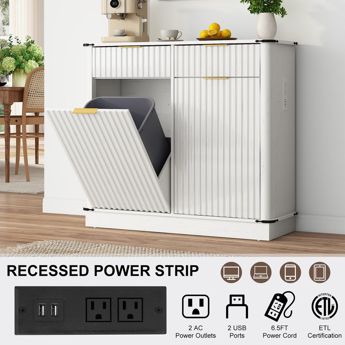 White 20 Gallon Tilt Out Trash Cabinet with Charging Station and 2 Drawers U2441