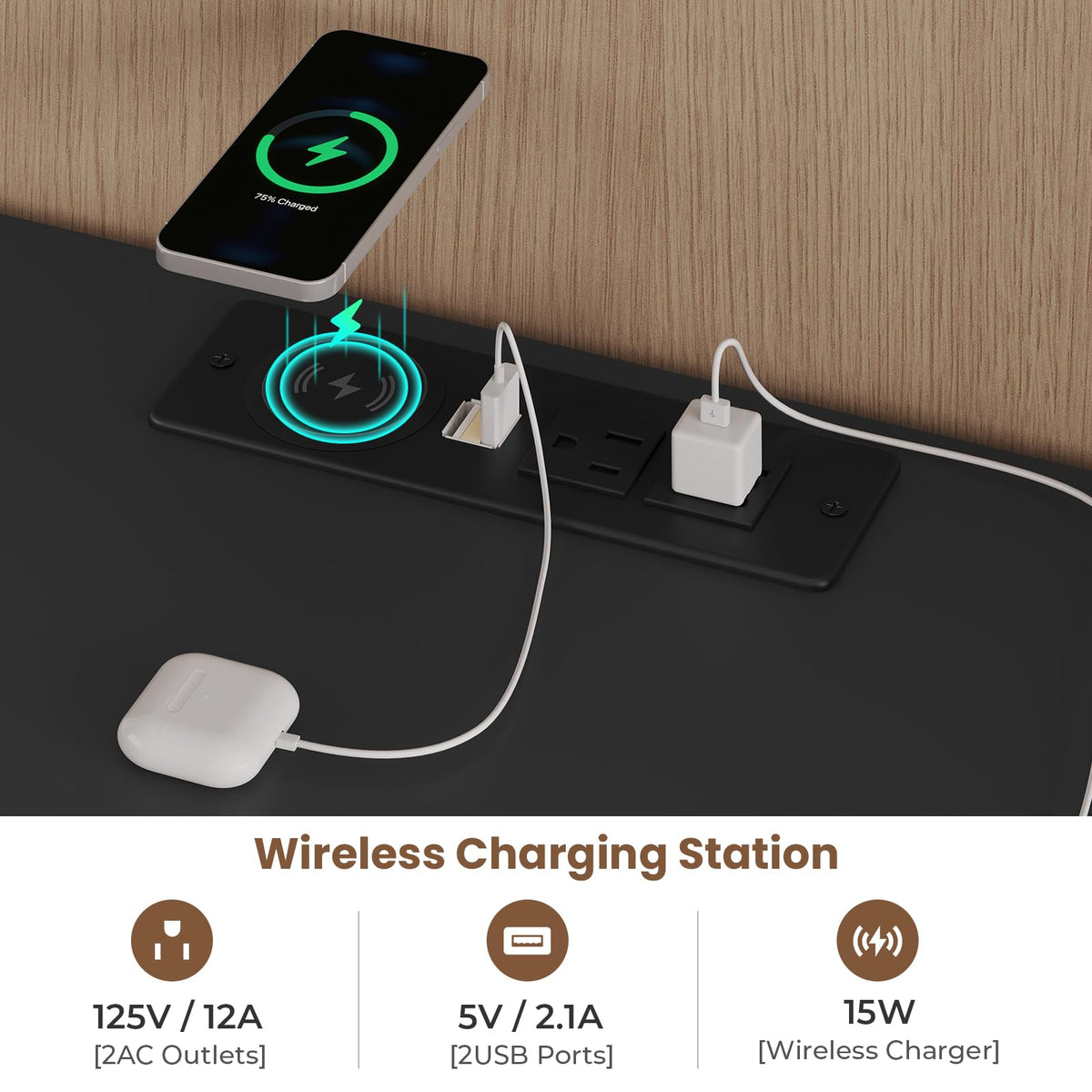 Black LED Nightstand with Wireless Charging Station and 2 Drawers J282552