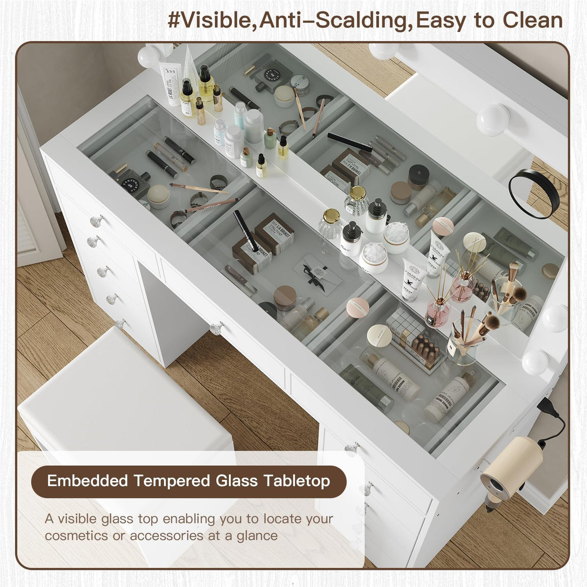 White Vanity Desk with Mirror and Chair B667
